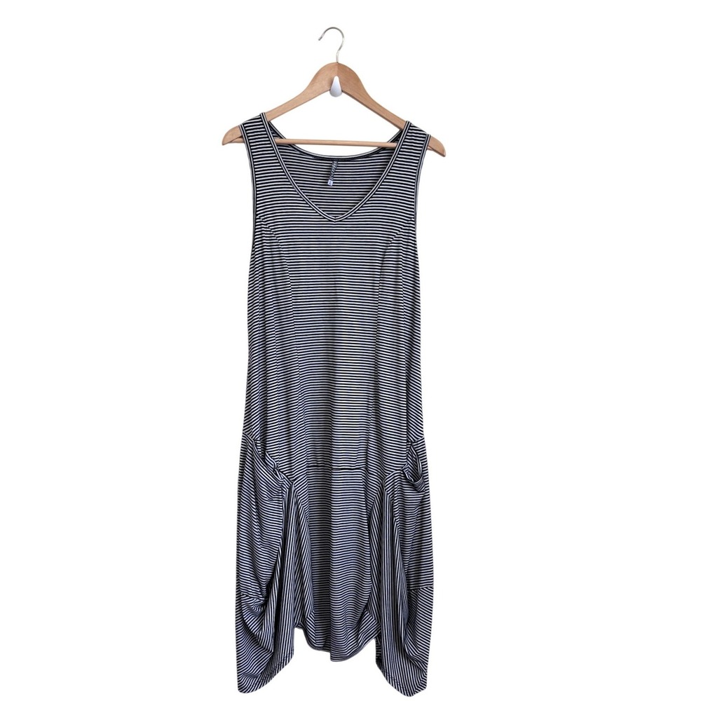 Nyah Lagenlook Striped Asymmetric Knit‎ Midi Dress Size L Art To Wear Pockets